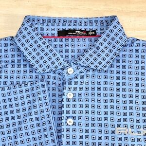 RLX Ralph Lauren Sz XXL Blue Geometric Square Print Golf Polo Shirt Short Slvs